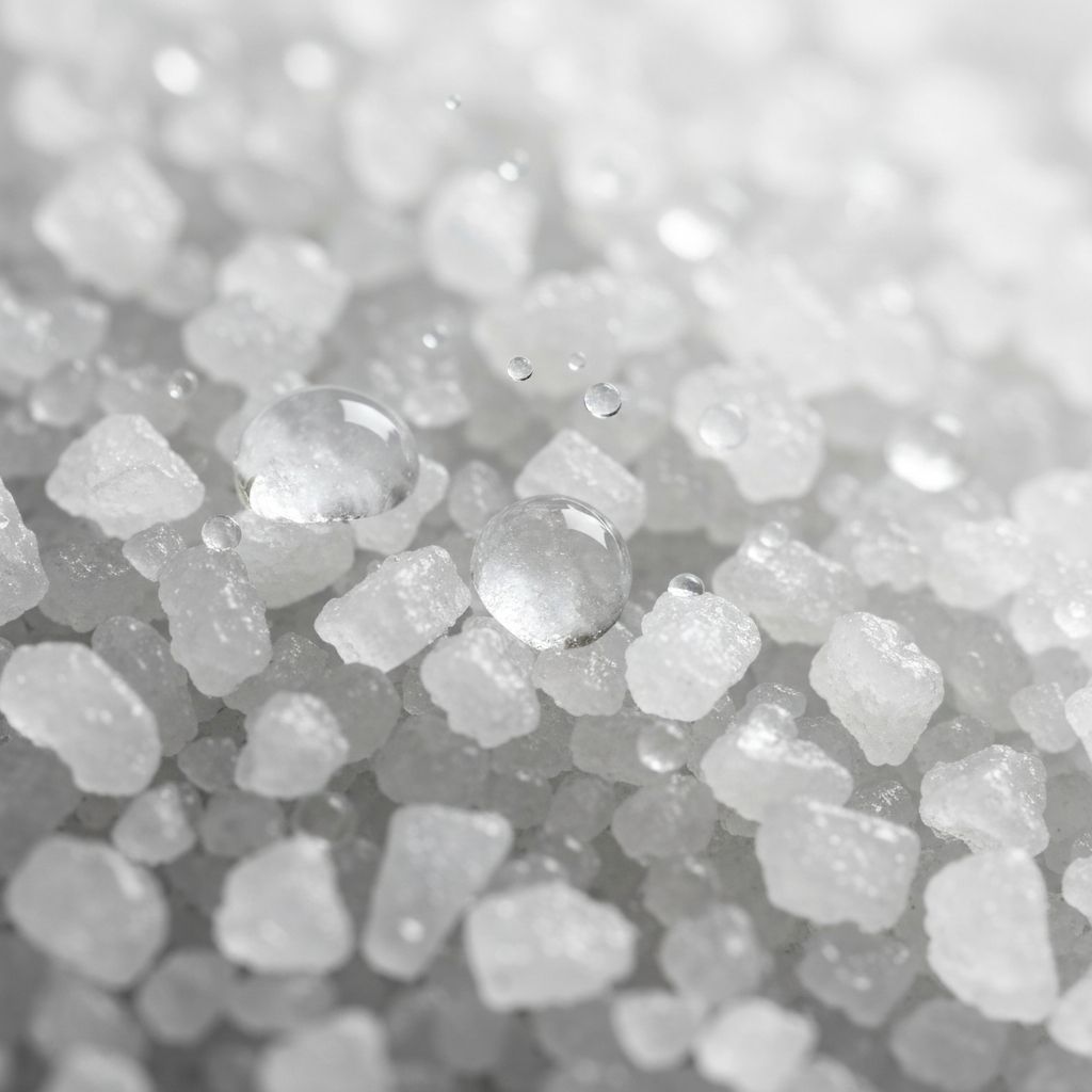 Cristales de sal marina y gotas de agua